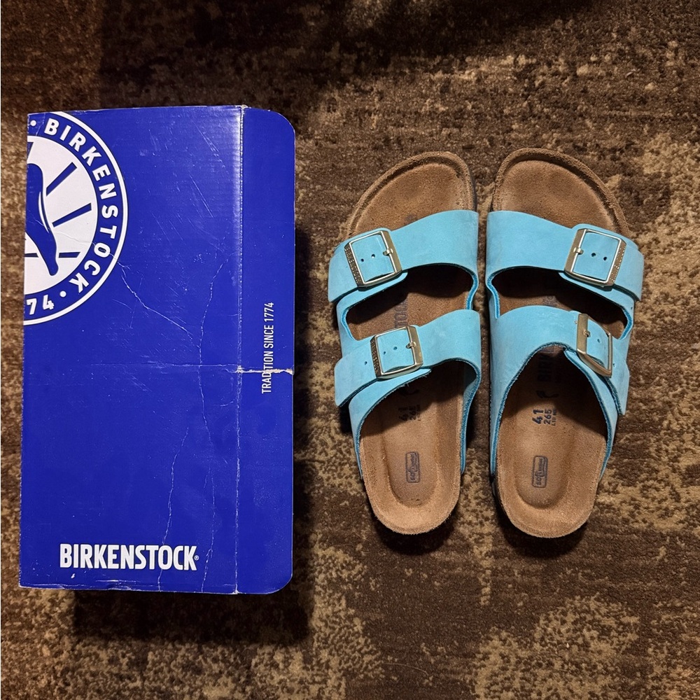 Birkenstock Arizona Two-Strap Sandals in Turquoise Blue-size 41 (US 10)
